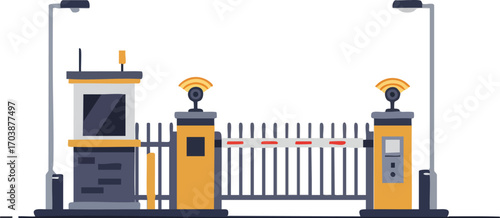 Security entrance with gate and guard booth flat vector design