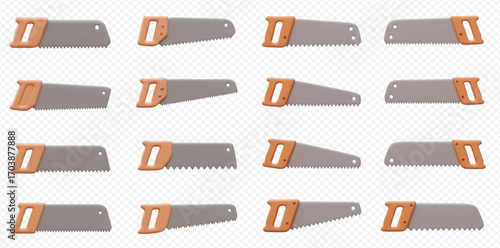 Collection of sixteen hand saws with wooden handles and various blade styles arranged on a transparent background.