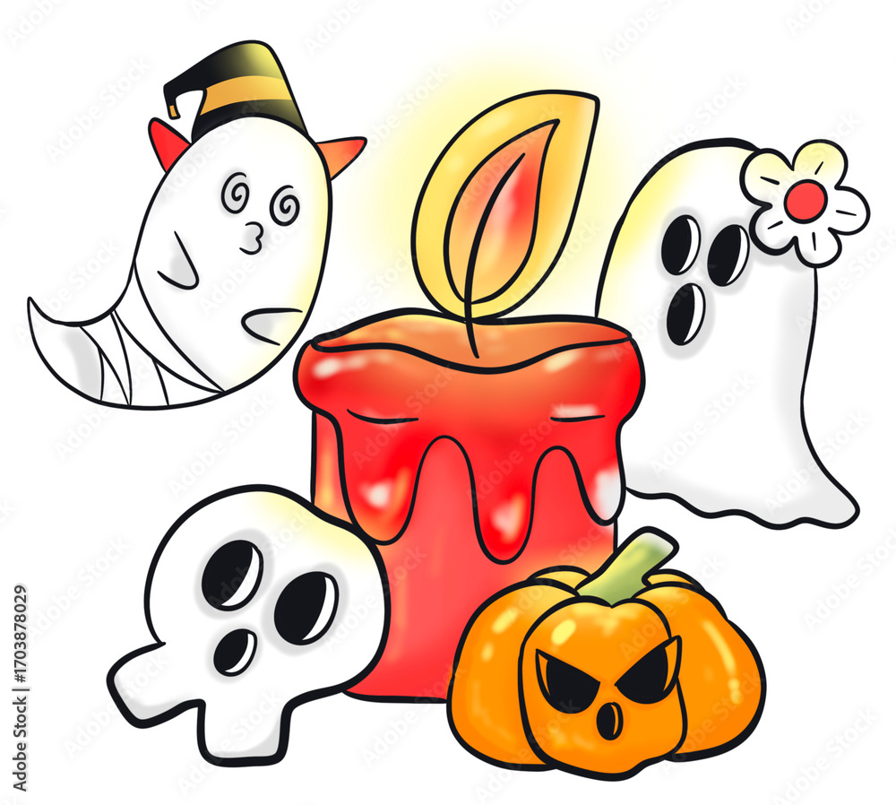 Fototapeta premium halloween pumpkin cat autumn holiday, illustration, cartoon ghost, out line, sticker