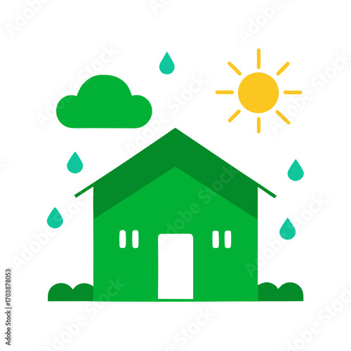Green house with sun and rain icons