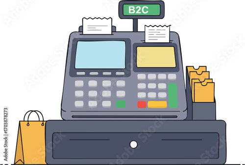 Cash register with receipt, business to consumer, shopping bag symbol