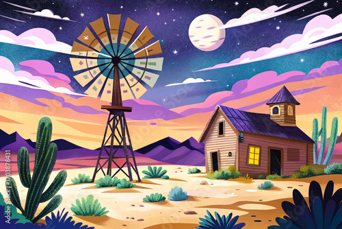 Abandoned western windmill creaking in desert ghost town wallpaper cartoon, eerie night sky glowing with stars