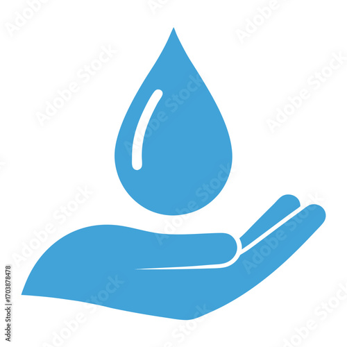 Blue water drop held in open hand icon