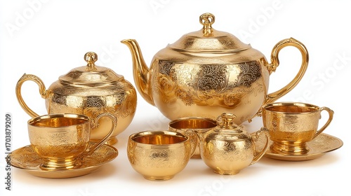 Gold tea set teapot sugar bowl creamer cup and saucer with ornate floral engraved decoration