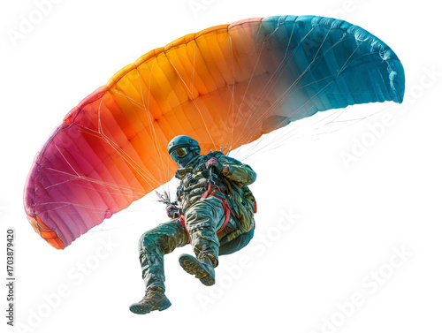  Back side flying on a paraglider isolated on white background