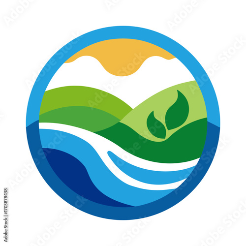 Nature landscape with water mountains and sun logo