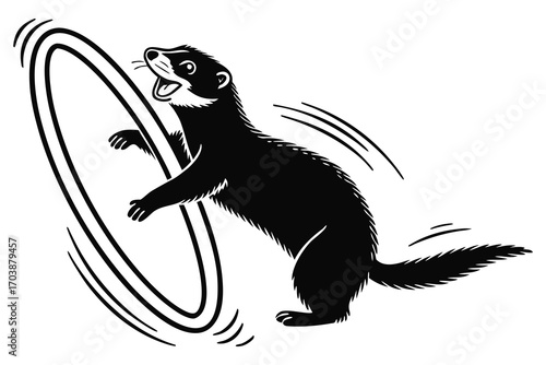Energetic black ferret enthusiastically jumps through a spinning hoop with motion blur