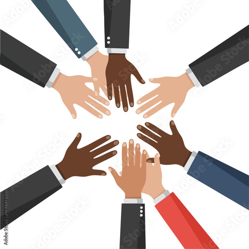 Diverse hands joining in unity concept on white background