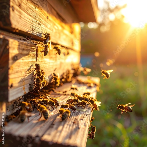 Bees swarming a wooden beehive at sunset