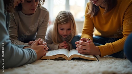Flat Christian friends group reading pray study bible together home Sunday school church concept studying word god concept as Christian friends group reading praying and studying the Bible together at