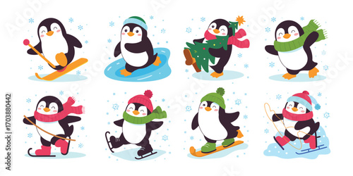 Penguin Winter Games Vector Set – Cartoon Antarctic Birds Skiing, Snowboarding, Sledding, Downhill Skiers, Playing Outdoors, Happy Kids, Snow Sports, Xmas Fun, Snowman Making, Winter Holiday Illustrat