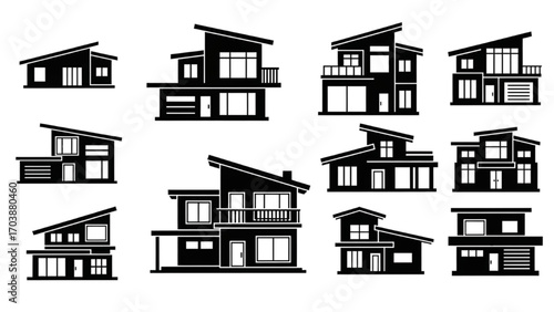 Modern House Icon Set, Black Silhouette Residential Home Symbols, Minimalist Vector Collection for Architecture, Real Estate, and Design