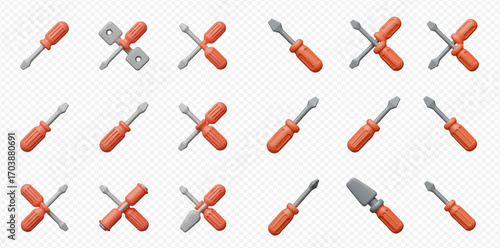 Multiple screwdrivers in various orientations, some crossed, against a transparent background.