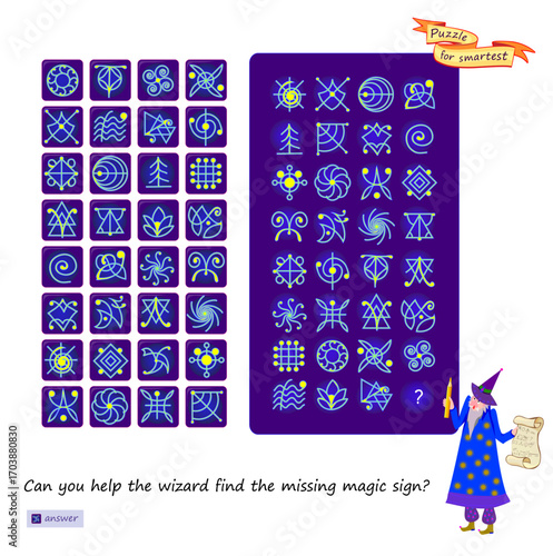 Can you help the wizard find the missing magic sign? Logic puzzle for children and adults. Game find and search. Page for brain teaser book. Task for attentiveness. Play online. Vector illustration.