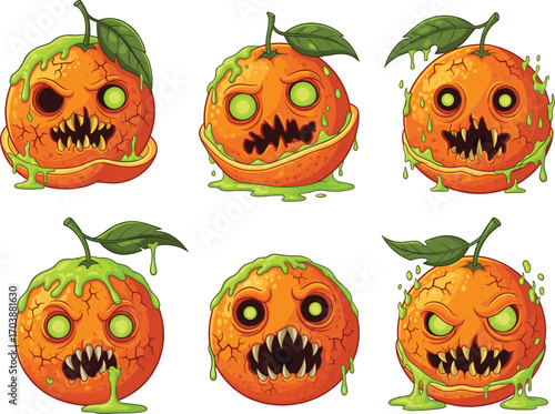 Mutant Zombie Orange Fruit Characters Vector – Creepy Undead Citrus Monsters with Slime, Teeth, and Scary Faces for Halloween Design