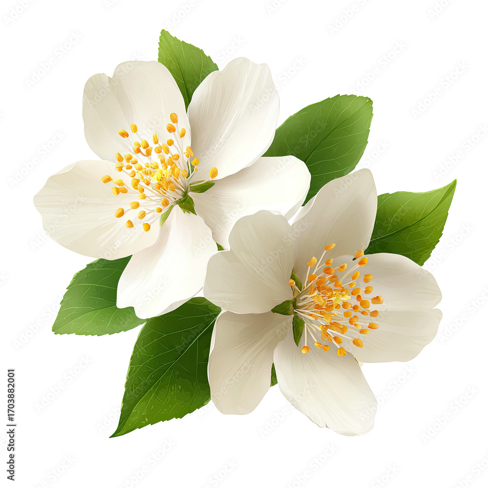 Obraz premium Two delicate white flowers with vibrant green leaves, detailed illustration