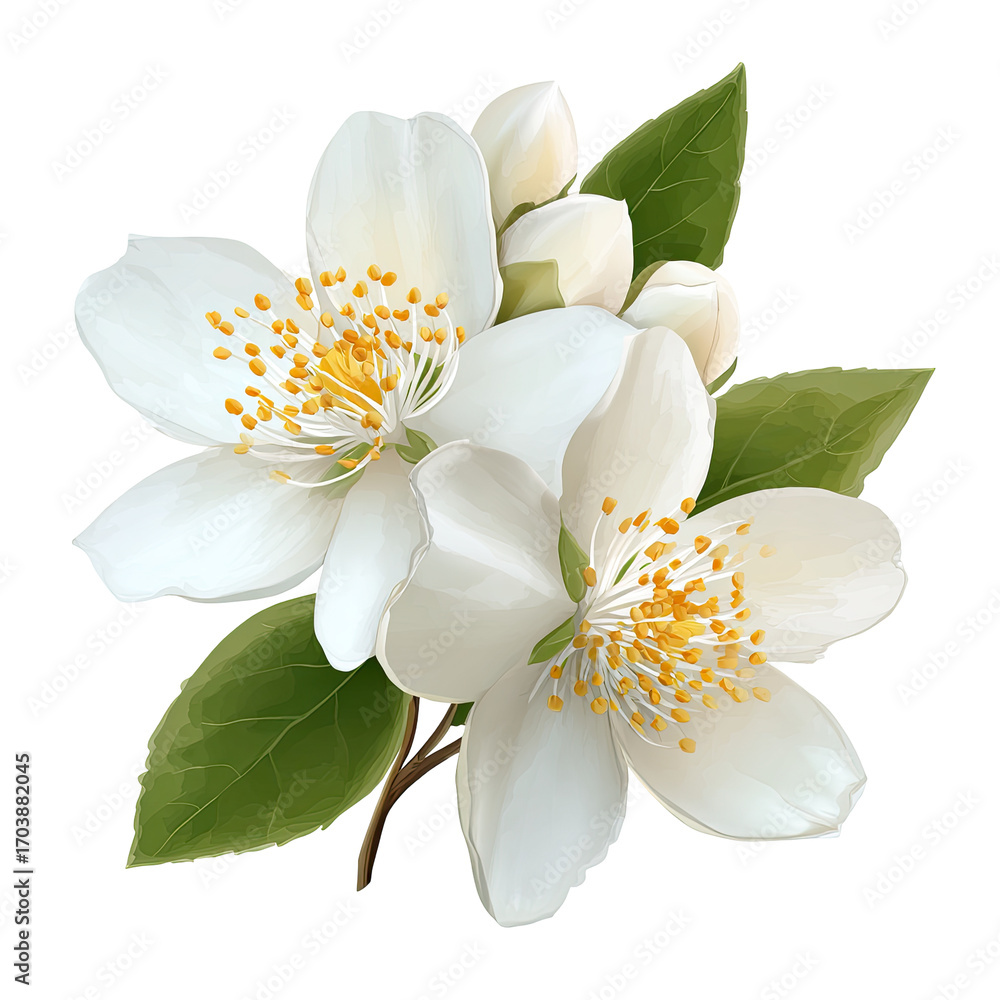Obraz premium Delicate white jasmine flowers, lush green leaves, and buds