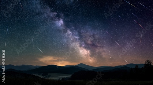 Wallpaper Mural Night scene displays Milky Way arching over dark hills with streaks of meteors in a starlit sky Torontodigital.ca