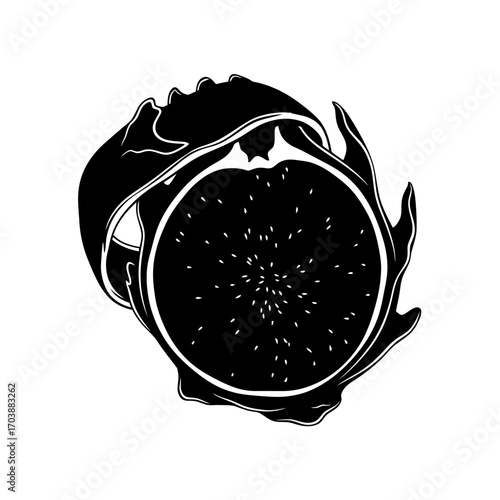 Black and white silhouette of a halved dragon fruit