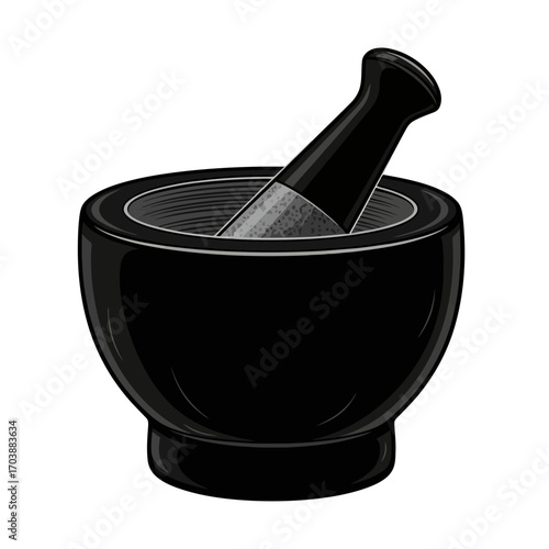 Black mortar and pestle isolated on white background