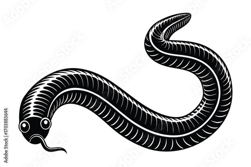Stylized black and white illustration of a segmented worm or snake with a simple face and curled body