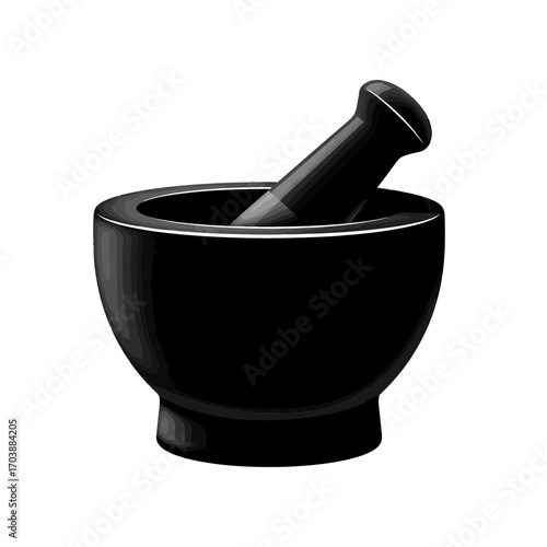 Black mortar and pestle isolated on white background