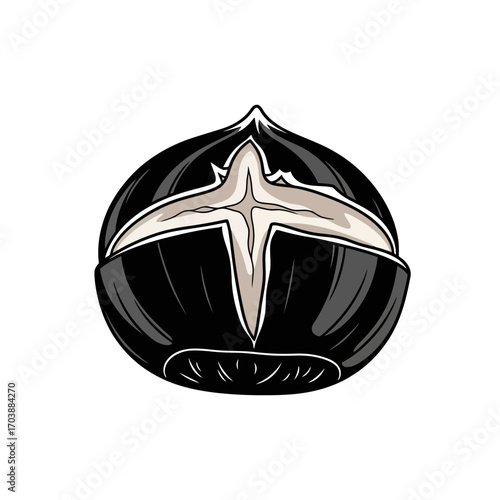 Stylized illustration of a roasted chestnut with a cross cut