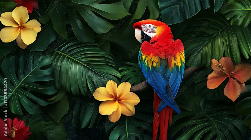Fototapeta premium Colorful macaw parrot in tropical rainforest with vibrant flowers and lush green foliage scene design