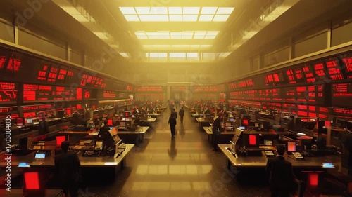 A top-down, floor multiple red tables stock values. smoke nearby buildings obscure sunlight, heavy, dystopian feel. Neon red numbers: economic collapse, market panic, recession. cinematic tension