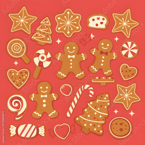Festive Gingerbread Cookies and Candies on Vibrant Red Holiday Background