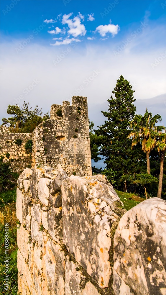 Obraz premium Ancient stone wall and towers against a partly cloudy sky