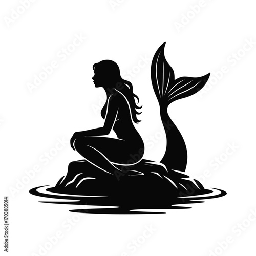 Elegant Mermaid Silhouette Illustration Perched on a Rock in Water with Upright Tail