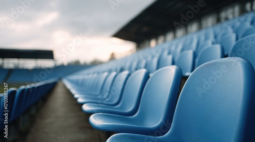 Rows of empty blue stadium seats