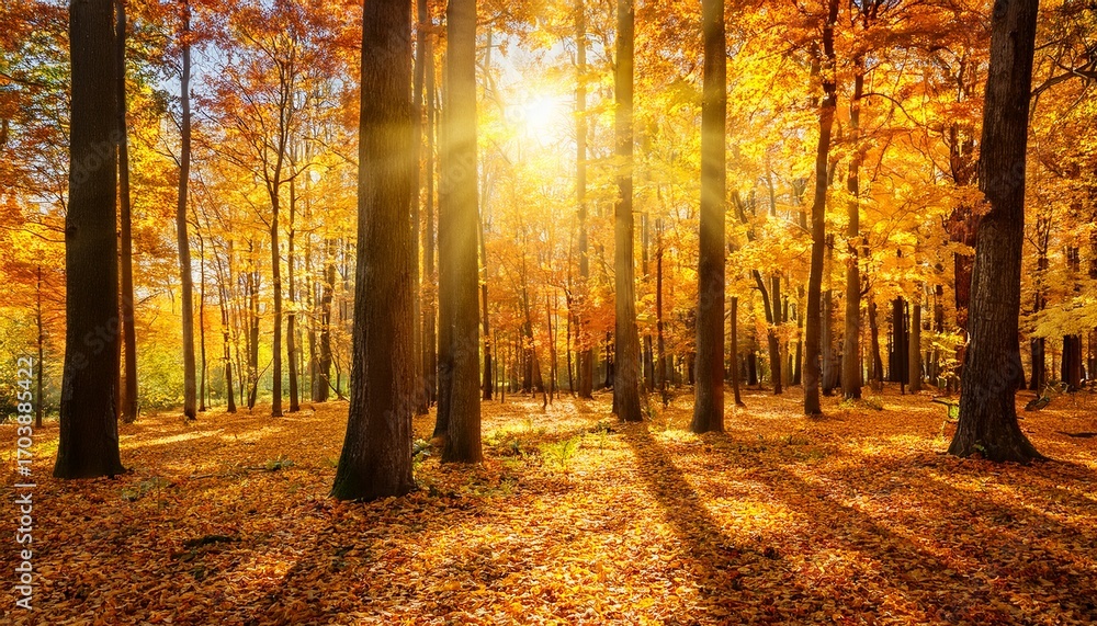 Fototapeta premium Golden Autumn Forest With Tall Maple Trees And Sunlight Through Leaves