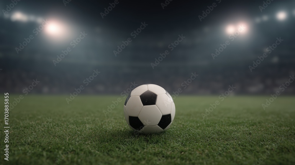 Obraz premium Soccer ball on the field in a stadium at night