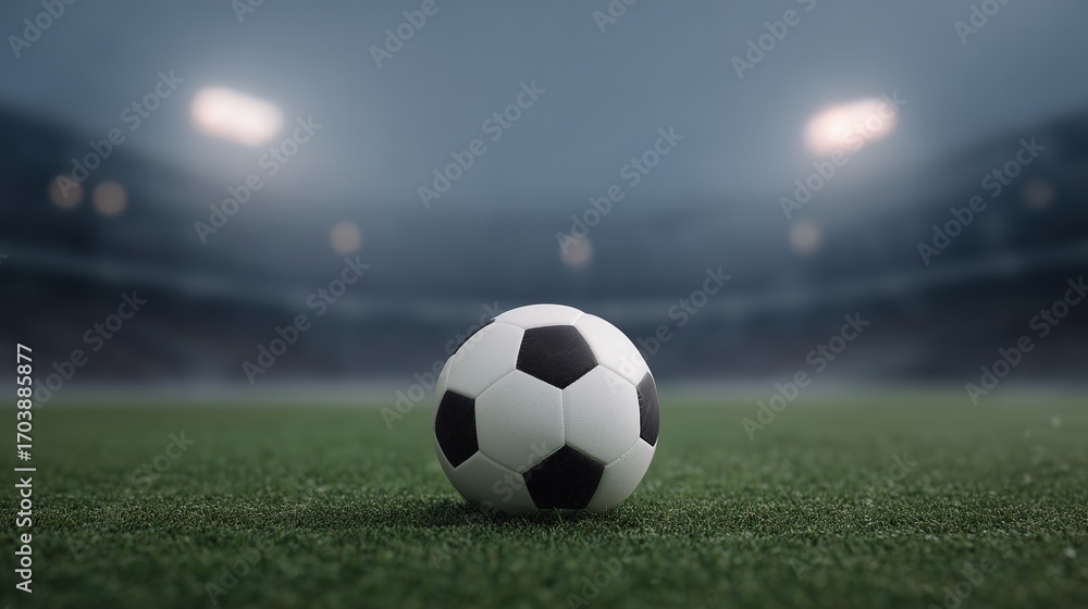Naklejka premium Soccer ball on the field in a stadium at night