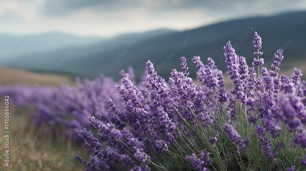 Fototapeta premium Lavender field in bloom with a mountain backdrop under a cloudy sky