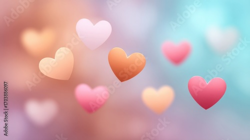 Colorful Hearts Floating on Soft Gradient Background for Romantic and Love-Themed Projects, Celebrations, and Decorations in a Calming Atmosphere