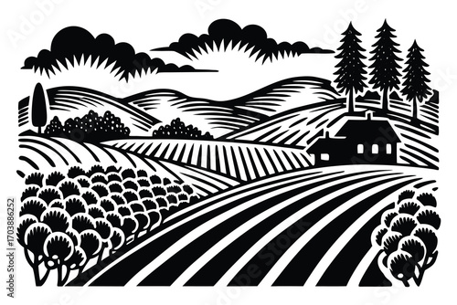 Stylized black and white illustration of rolling hills with vineyards and a farmhouse under a dramatic sky