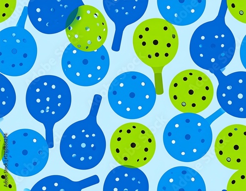 Vibrant pickleball paddle pattern in playful blue and green tones creates a dynamic backdrop
