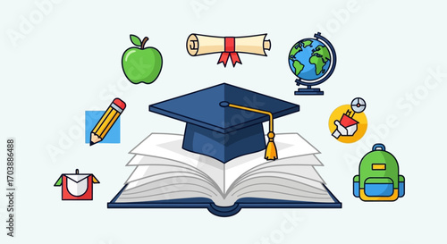 A collection of colorful cartoon icons representing education and graduation. Vector Illustrations. EPS Editable
