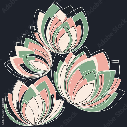 Abstract Stylized Lotus Flowers in Muted Colors Illustration. Vector Illustrations. EPS Editable