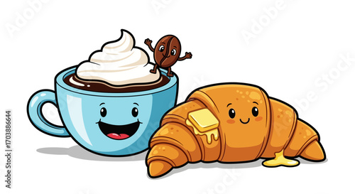Adorable Cartoon Coffee Cup and Buttered Croissant Breakfast Friends. Vector Illustrations. EPS Editable