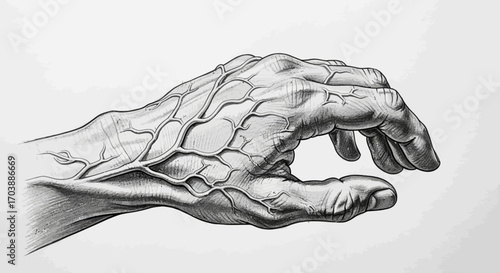 Anatomical pencil drawing of the human hand showing superficial veins. Vector Illustrations. EPS Editable