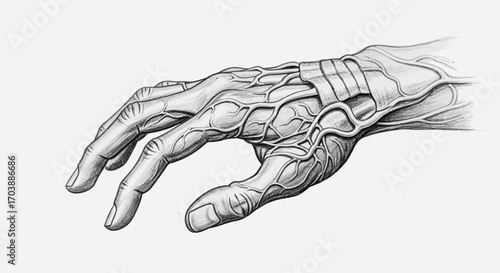 Anatomical study of the human hand showing veins and tendons. Vector Illustrations. EPS Editable