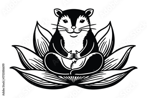 Whimsical hamster meditating in lotus position on a stylized flower