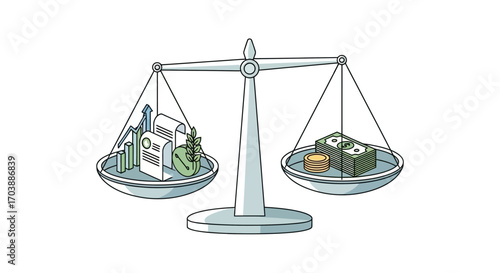 Balanced scale weighing groceries and consumer goods against money. Vector Illustrations. EPS Editable