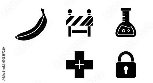 Collection of black silhouette icons banana barrier flask cross and padlock. Vector Illustrations. EPS Editable