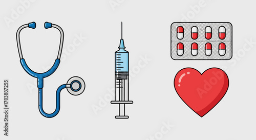 Collection of medical and healthcare vector icons including stethoscope syringe pills and heart symbol. Vector Illustrations. EPS Editable