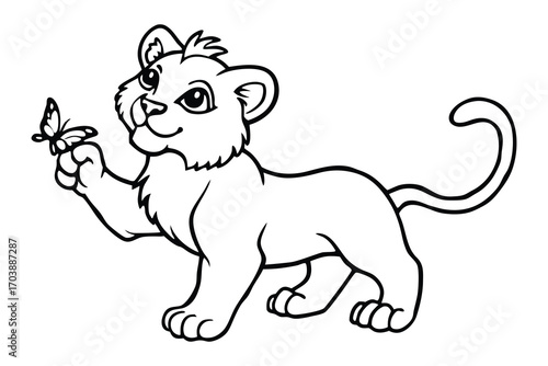 Adorable line art illustration of a cute lion cub with a butterfly on its paw